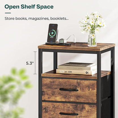 Huuger Nightstand with Charging Station, 27.6 Inch Bedside Table with Fabric Drawers, End Table with USB Ports and Outlets, Night Stand for Bedroom, Rustic Brown