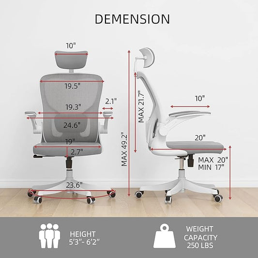 Monhey Office Chair Ergonomic Desk Chair with Lumbar Support&Headrest&Flip-up Arms Height Adjustable Rocking Swivel High Back Computer Chair Warm Taupe Mesh Study Chair (02White+Grey)