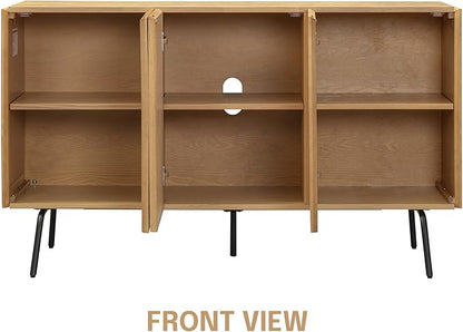 NTC MOSSIC Modern Sideboard with 3 Doors, Natural Rattan Storage Cabinet, Buffet with Metal Legs, Boho Accent Cabinet for Living Room, and Entryway, Effortless Assembly, Sand