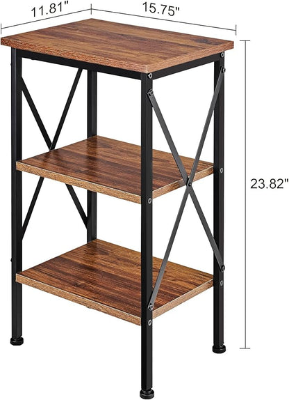 VECELO End Table, Bedside Table, 24" Tall Living Room End Tables, X-Design Reinforced Nightstands, Side Table with 3-Tier Storage Shelves for Small Spaces, Office, Bathroom, Bedroom, Rustic Brown