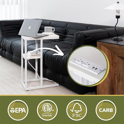 Yoobure C Shaped End Table with Charging Station, Small Side Tables for Living Room Bedroom, Sofa Table with USB Ports and Outlets for Small Spaces, Rustic Bed Side Table