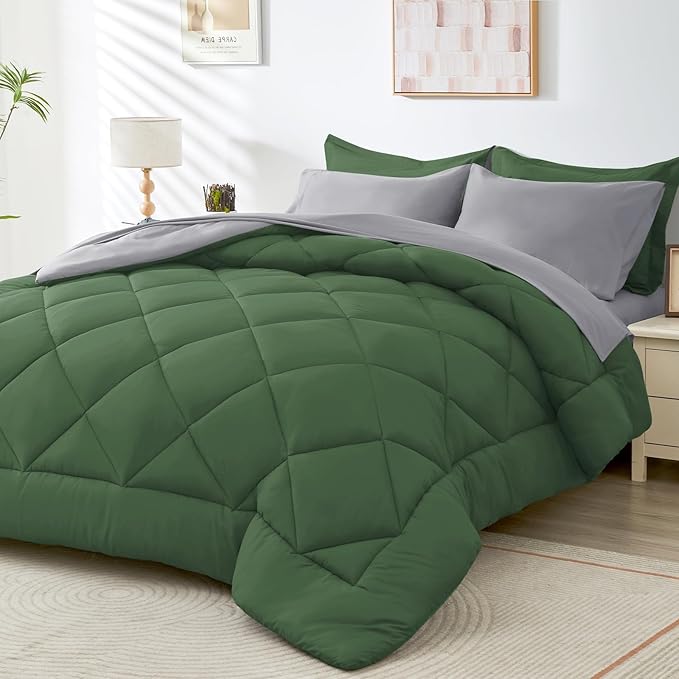 HEVUMYI Queen Comforter Set - 7-Piece All Season Bed in a Bag Queen, Ultra Soft Bedding Set with Comforter, Flat Sheet, Fitted Sheet, Pillowcases, Pillow Shams, Green & Light Grey