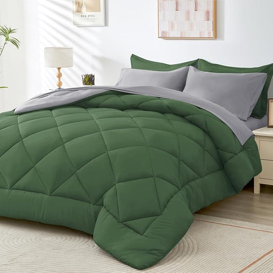HEVUMYI Queen Comforter Set - 7-Piece All Season Bed in a Bag Queen, Ultra Soft Bedding Set with Comforter, Flat Sheet, Fitted Sheet, Pillowcases, Pillow Shams, Green & Light Grey