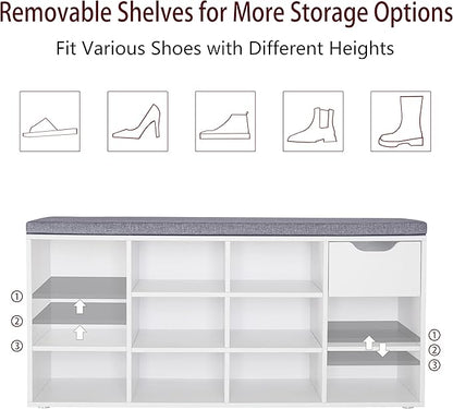 DINZI LVJ Shoe Bench, Entryway Storage Bench with Drawer and 11 Cubbies, Cubby Shoe Rack with Adjustable Shelves, Shoe Organizer Cabinet for Living Room, Bedroom, Mudroom, Closet and Garage, White
