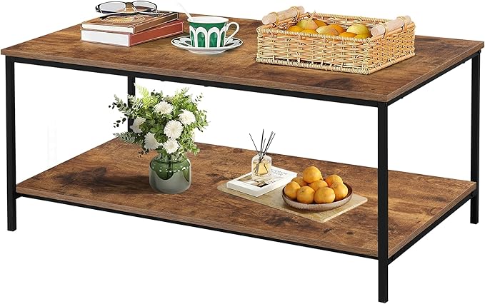 SENIG 2-Tier Coffee Table with Storage Shelf for Living Spaces, Brown Rectangle Wood and Sturdy Metal Side End Table, Functional Center Table for Living Room, 39.3 x 20 x 16