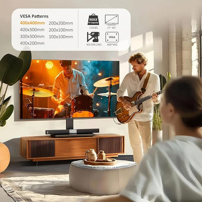 Universal TV Stand - Table Top TV Stand for 27-60 inch LCD LED TVs - 6 Level Height Adjustable TV Base Stand with Tempered Glass Base & Wire Management, VESA 400x400mm