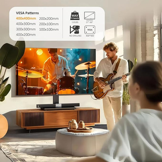 Universal TV Stand - Table Top TV Stand for 27-60 inch LCD LED TVs - 6 Level Height Adjustable TV Base Stand with Tempered Glass Base & Wire Management, VESA 400x400mm