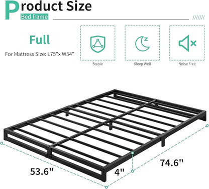 4 Inch Full Size Bed Frame No Box Spring Needed, Heavy Duty Metal Platform Beds with Sturdy Steal Slats for Mattress Foundation, Easy Assembly, Noise Free, Black