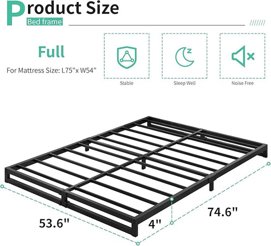 4 Inch Full Size Bed Frame No Box Spring Needed, Heavy Duty Metal Platform Beds with Sturdy Steal Slats for Mattress Foundation, Easy Assembly, Noise Free, Black