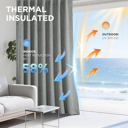 Joydeco 100% Blackout Curtains for Bedroom - Natural Linen Curtains 42" W x 108" L Long, Thermal Insulated 2 Panels Light Grey. Room Darkening Light Blocking Drapes for Living Room