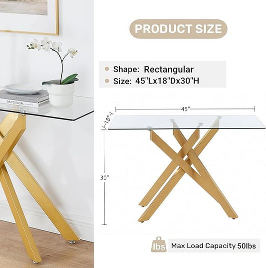 Modern Cross-Leg Console Table with 8mm Tempered Glass - Gold Geometric Entryway Table for Living Room & Bedroom, 45”Lx18”Wx30”H (Luxury Gold Finish)