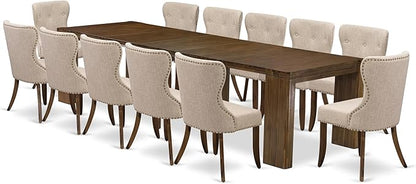 X12SI-008-04 - 13 Pieces Kitchen Dining Table Set includes an Extendable Rectangle Kitchen Table and 12 Dining Chairs, 39x120 Inch, Antique Walnut