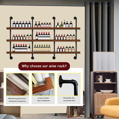 Large Wine Rack with LED Light Solid Wood Wall Mounted Wine Rack, 3-Tiers Liquor Bottles Floating Shelves Display Storage Organizer for Home Bar & Dining Room (80cm/31.4in)