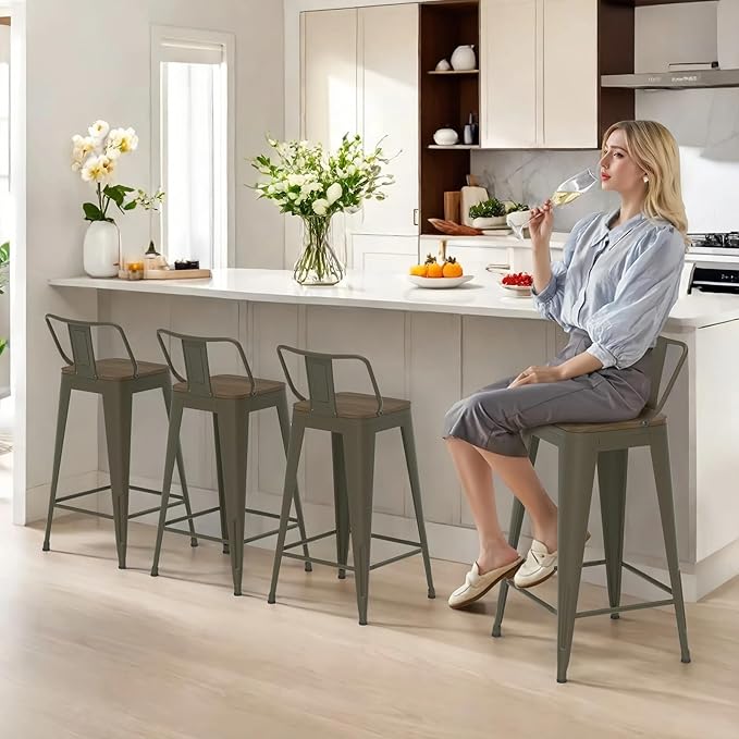 24 Inch Swivel Bar Stools Set of 4, Counter Height Bar Stools with Low Back, Metal Industrial Bar Chairs for Kitchen Island (Rusty)