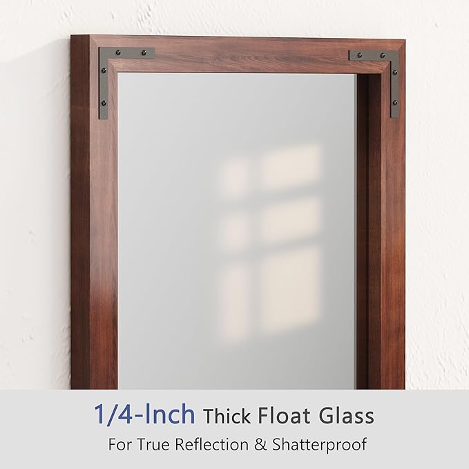 VocalStar Rustic Wood Framed Mirror 28 x 40 Inch, Natural Dark Brown Wooden Rectangle Bathroom Vanity Wall Mirror for Farmhouse Boho Decor, 1/4-inch Shatterproof Glass | Waterproof