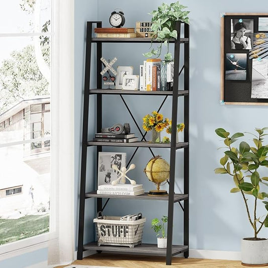 BON AUGURE 5-Tier Ladder Shelf, Industrial Leaning Bookcase, Wood and Metal Ladder Bookshelf for Living Room, Bedroom, Kitchen, Home Office (Grey Oak)