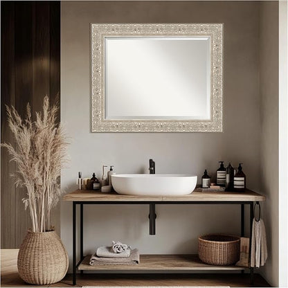 Amanti Art Silver Bathroom Mirror for Over Sink, 29x35 Luxe Silver Cream Rectangle Vanity Mirror, Large Traditional Frame, Hangs Horizonally and Vertically, Bathroom Wall Decor, Beveled Edge