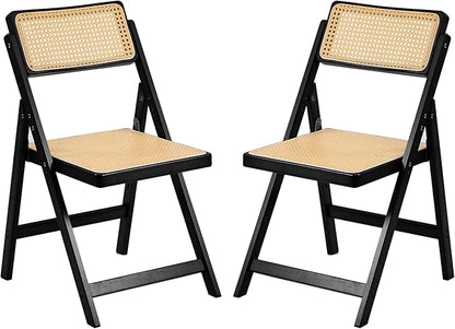 Tiita Rattan Dining Chairs Set of 2, Mid Century Modern Folding Chair, Bamboo Folding Dining Chairs for Small Space, Dining Room, Living Room, Bedroom, Black