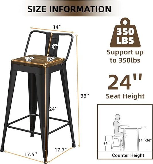 Black Bar Stools Set of 4, Metal Bar Stools with Wooden Seat, Modern 24”Counter Height Barstools with Low Back