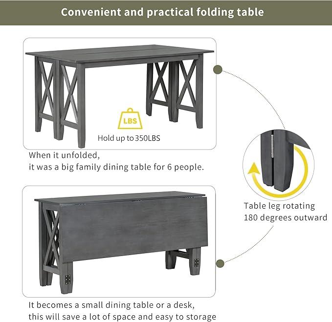 Ball & Cast 6-Piece Dining Table Set, 60" Wood Dining Kitchen Table & Chairs Set, Rectangular Dining Room Foldable Table with 4 Upholstered Chairs & 1 Bench,Perfect for Dining Room, Kitchen, Gray
