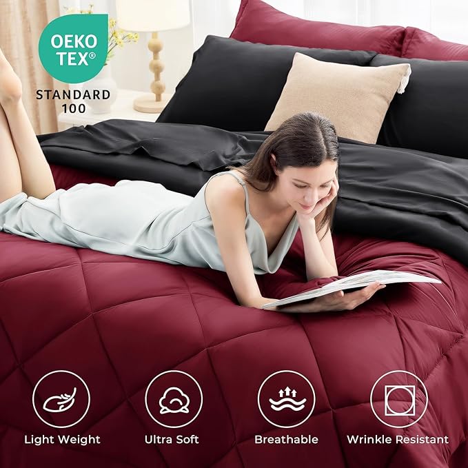 HEVUMYI Red & Black Queen Comforter Set - 7-Piece All Season Burgundy Bed in a Bag Queen, Ultra Soft Bedding Set with Comforter, Flat Sheet, Fitted Sheet, Pillowcases, Pillow Shams, Burgundy