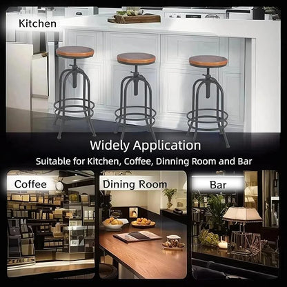 Set of 2-Industrial Bar Stool-Retro 26-32.3inch Swivel Stools-Extra Tall Kitchen Chair-Bar Counter Height Adjustable-Fully Welded (Black 2PCS)