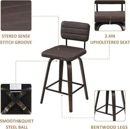 Counter Height Bar Stools Set of 2 Wood Swivel Bar Stools for Kitchen Island Modern Square Barstools with Leather Back Cushion Industrial Vintage Bar Chair Rustic Furniture for Home Pub 24 Inch Brown