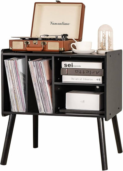 Record Player Table, Mid-Century Record Player Stand with Vinyl Storage Hold Up to 150+ Albums, Vinyl Record Cabinet with Adjustable Shelves, Wood Turntable Stand for Music Living Room (Black)