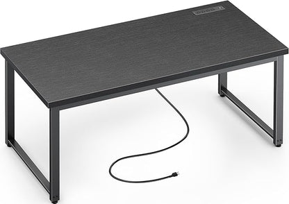 Huuger 55 x 24 inch Desk with Power Outlets & USB-C, Deeper & Thicker Desktop, Robust Metal Tubes, Computer Desk, Heavy Duty Office Desk, Work Gaming Desk for Home Office, Black