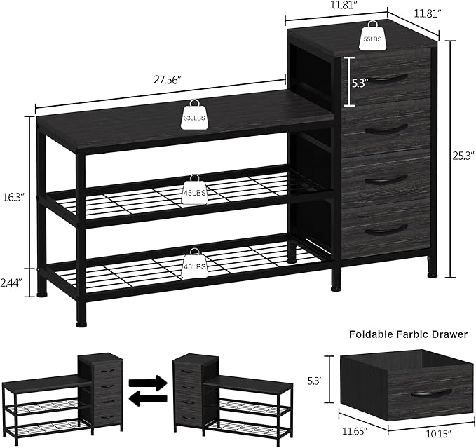 EXOTICA 3 Tier Entryway Bench Shoe Storage Bench with 4 Fabric Drawers Metal Frame and Wooden Board Shoe Rack Bench with Seat for Entryway Hallway Front Door Doorway