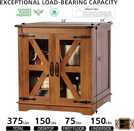 Farmhouse End Table, 24" Large End Tables with Storage, Rustic Square Sofa Beside Table with Glass Barn Door, Wood Side Table Square Nightstand for Living Room, Bedroom, Office (Vintage Brown)