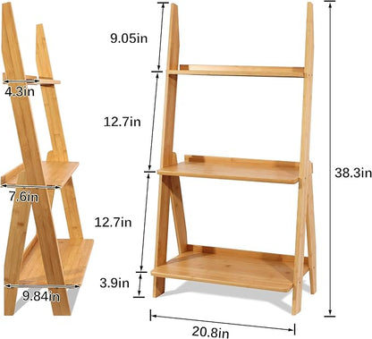 DOUSY-3-Tier Ladder Shelf, Bamboo Ladder Bookshelf Leaning Bookcase Trapezoid Bookshelf Storage Rack Shelf for Living Room, Kitchen, Bathroom, Home Office, Natural Color