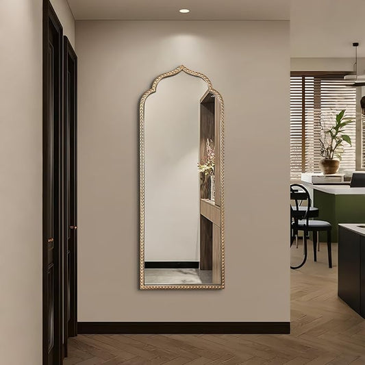 Large Arch Mirror, 20"x53" Gold Arched Floor Mirrors for Dressing, Metal Beaded Frame Decorative Vintage Mirror, Scalloped Full Length Mirrors for Living Room Bedroom Hallway Entryway