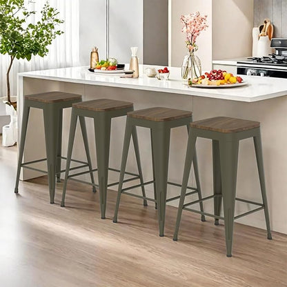 30 inch Backless Bar Stools Set of 4, Indoor Metal Bar Stools with Wood Seat, Industrial Counter Height Barstools for Kitchen Island, Rusty