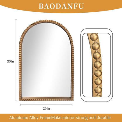 Traditional Arch Mirror for Bathroom, 20" x30" Baroque Antique Gold Marlowe Mirrors Beaded Frame, Decorative Accent Vertical Vanity, Wall Decor Over Mantel Fireplace, Sofa, Entryway