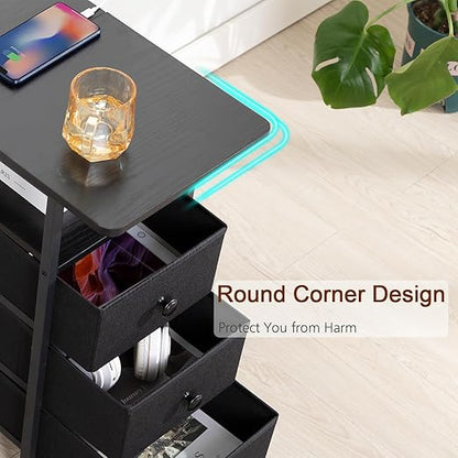 AMHANCIBLE End Tables Living Room with Charging Station, Narrow Side Table with USB Ports and Outlets, Slim Nightstand with 3 Fabric Drawers for Bedroom, Small Space, Black, HETN013BK-1
