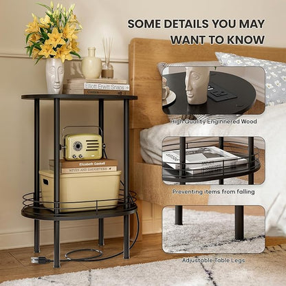 Small Round Side Table with Charging Station,Bedside Table with 2 USB Ports and Outlets, Morden Round Nightstand, Samll Side Table for Living Room,Bedroom, Nursery, Laundry, Black