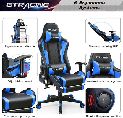 GTRACING Gaming Chair with Footrest and Bluetooth Speakers Music Video Game Chair Heavy Duty Ergonomic Computer Office Desk Chair (Blue)