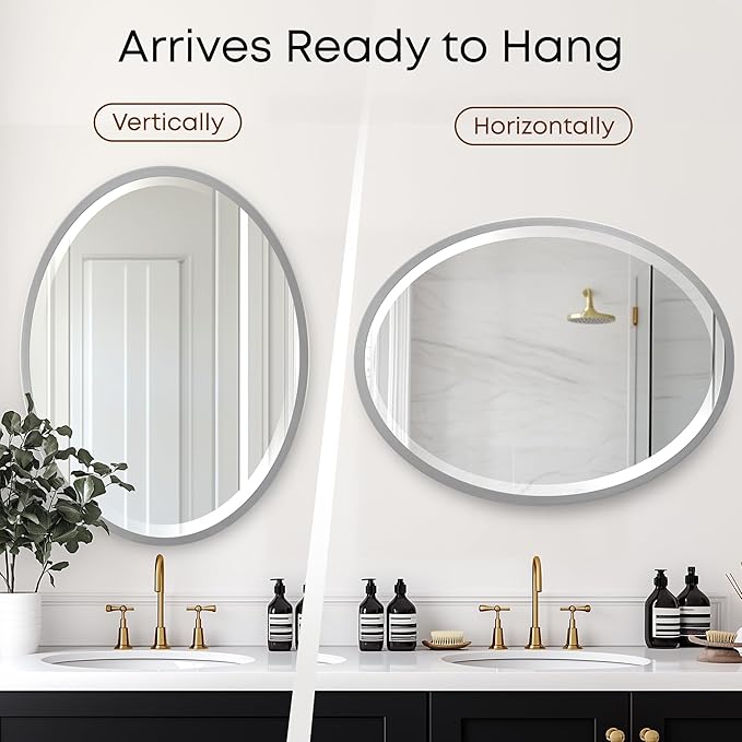 OVALCREST - Oval Wooden Beveled Wall Mirror for Home Decor, Bathroom, Vanity, Bedroom, Living Room, Hallway - London Style (Silver Spray) 31.1 x 41.1