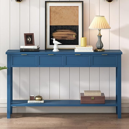 Ball & Cast 60“ Contemporary 4 Drawers Console Table, Long Narrow Entryway-Table with Drawer & Shelf, Modern Storage Sofa Tables, Farmhouse Wood Couch-Tables for Entrance Hallway Living,Blue