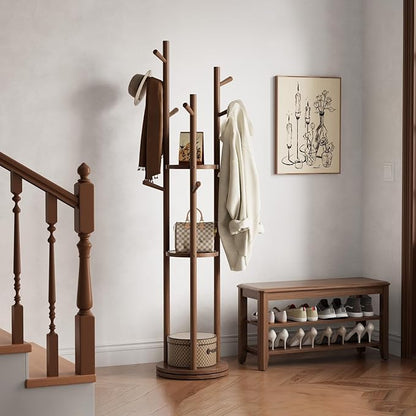 Solid Wood Rotary Coat Rack, Freestanding Coat Rack with 3 Shelves and 9 Hooks, Coat tree for Bedroom, Entryway, Livingroom, Coat Hanger Stand for Coats, Scarves, Handbags (Walnut)
