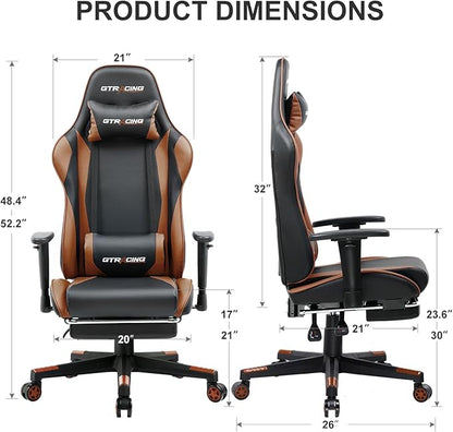 GTRACING Gaming Chair with Footrest, Ergonomic Computer Game Desk Chair, Reclining Gaming Chair Seat Height Adjustment, Swivel Rocker with Headrest and Lumbar (Brown)