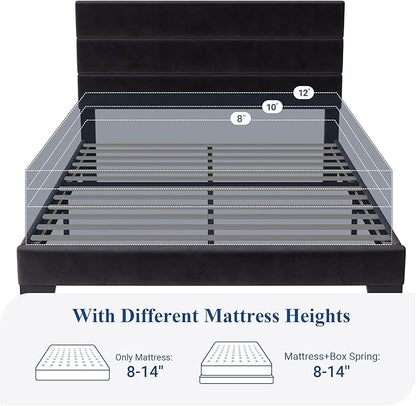 Allewie Queen Size Platform Bed Frame with Velvet Upholstered Headboard and Wooden Slats Support, Fully Upholstered Mattress Foundation/No Box Spring Needed/Easy Assembly, Black