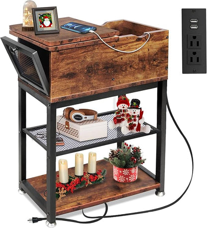 Flip Top End Table for Living Room, 28 inch Side Table, 12" D x 24" W x 28" H, Narrow Side Table with Drawer, 8.4" Deep Drawer, End Table with Charging Station, Steel X-Shaped Frame, Rustic Brown