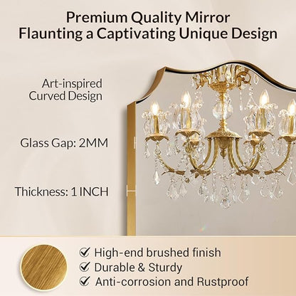 24x32 Gold Mirror, Brushed Gold Scalloped Mirror for Bathroom in Premium Stainless Steel Metal Thin Frame Deep 1", Antique Brass Irregular Wall Mirror Hangs Horizontal or Vertical