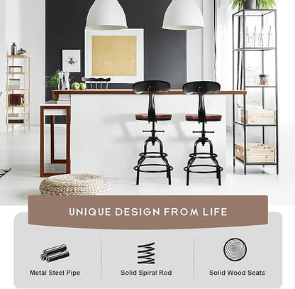 Diwhy Industrial Vintage Counter Stool, Kitchen Counter Height Adjustable Swivel Chair, Metal Frame Stool, with Iron Backrest, 20.47-26.77 Inch, Fully Welded Base, Set of 2