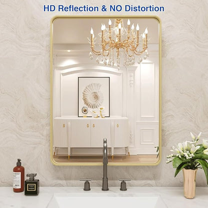 WEER Gold Bathroom Mirror, 20X30 Inch Brushed Gold Metal Frame Mirror, Rounded Rectangle Gold Bathroom Vanity Mirror for Wall, Tempered Glass, Anti-Rust, Hangs Horizontally or Vertically