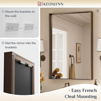 Keonjinn 24 x 32 Inch Brushed Bronze Mirror, Rectangle Bathroom Vanity Mirror for Wall, Aluminum Alloy Framed, Modern Farmhouse, Rectangular Square Corner, Decorative(Horizontal/Vertical)