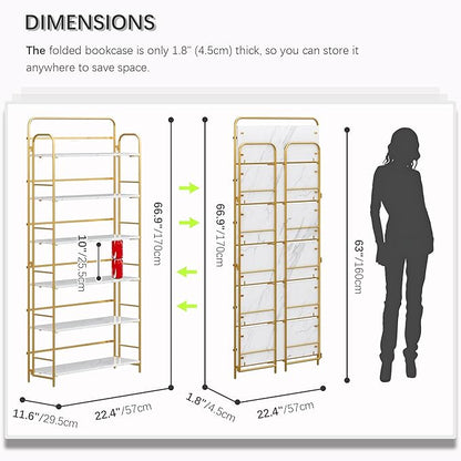 4NM No Assembly Folding Bookshelf 6 Tiers Vintage Industrial Gold Book Shelf Metal Foldable Storage Bookcase and Bookshelves for Living Room,Bedroom and Kitchen - White and Gold