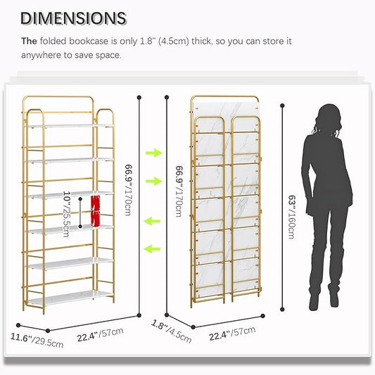 4NM No Assembly Folding Bookshelf 6 Tiers Vintage Industrial Gold Book Shelf Metal Foldable Storage Bookcase and Bookshelves for Living Room,Bedroom and Kitchen - White and Gold